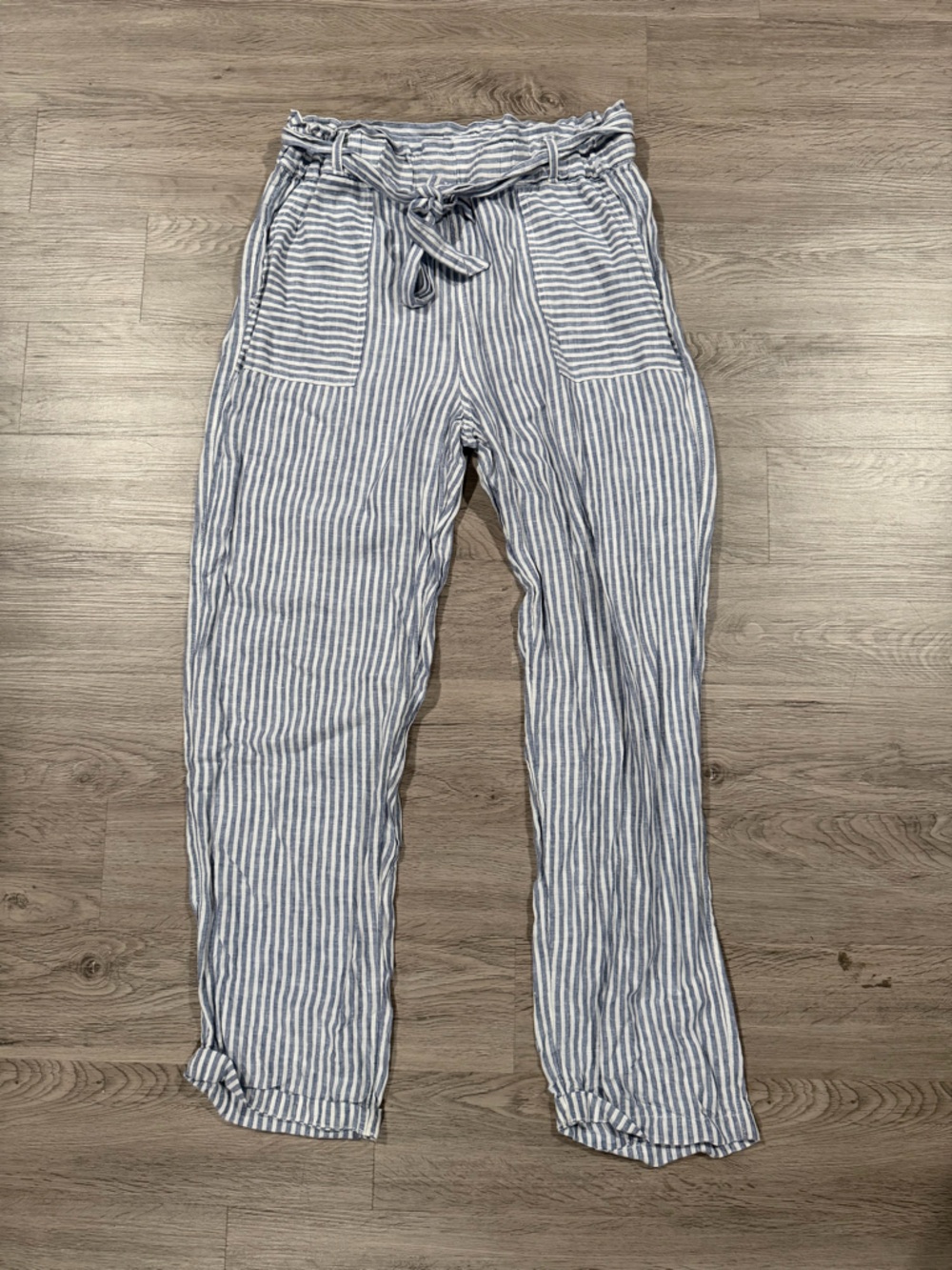 Sigrid Olsen Striped Blue Linen Blend Men’s Pants with Tie Waist Paper Bag